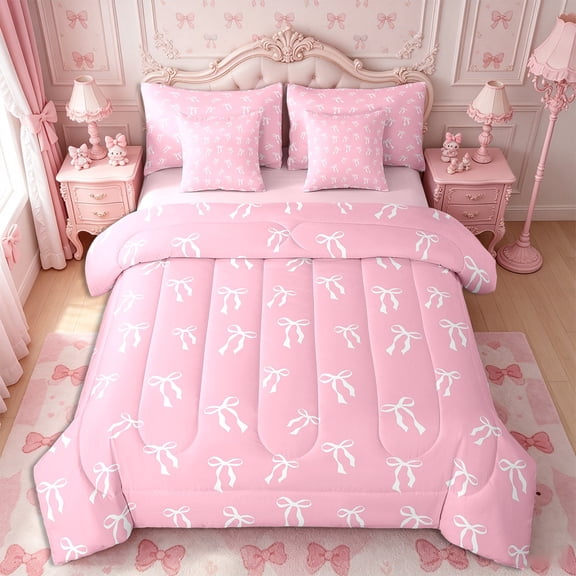 Castle Fairy Cartoon Bow Tie 7-Piece Twin Bedding Sets,Bowknot Bow Bedding Comforter Set,Dreamy Princess Breathable Sheet Sets,Super Cozy Cute Room Decor