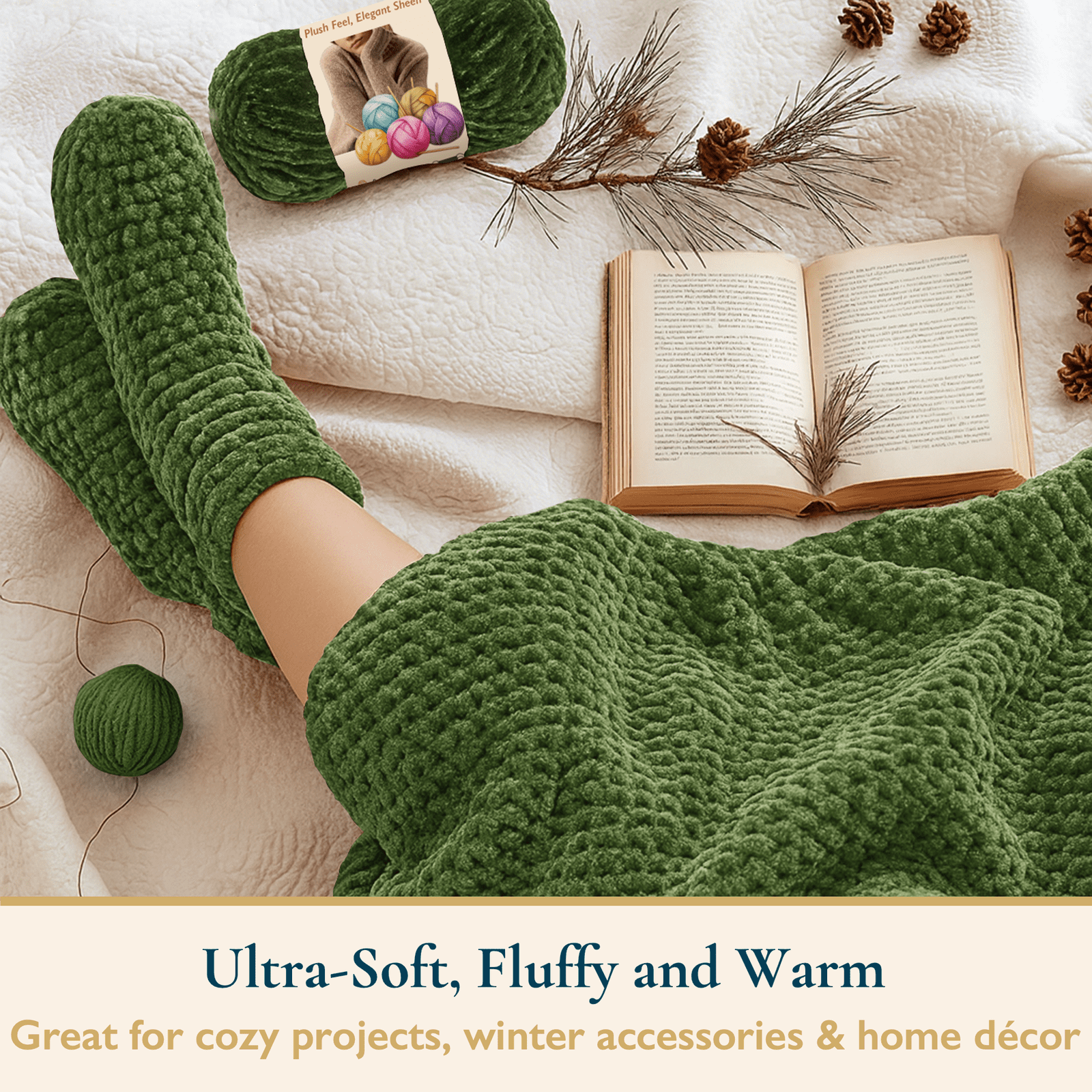 ComfiTime 6-Pack Velvet Yarn – Bulky #5, 3.5 oz / 87.5 Yds per Skein, OEKO-TEX Certified, Soft Fluffy for Sweaters, Blankets, Scarves, Home Décor, Crochet/Knitting/Amigurumi, Machine Washable, Green