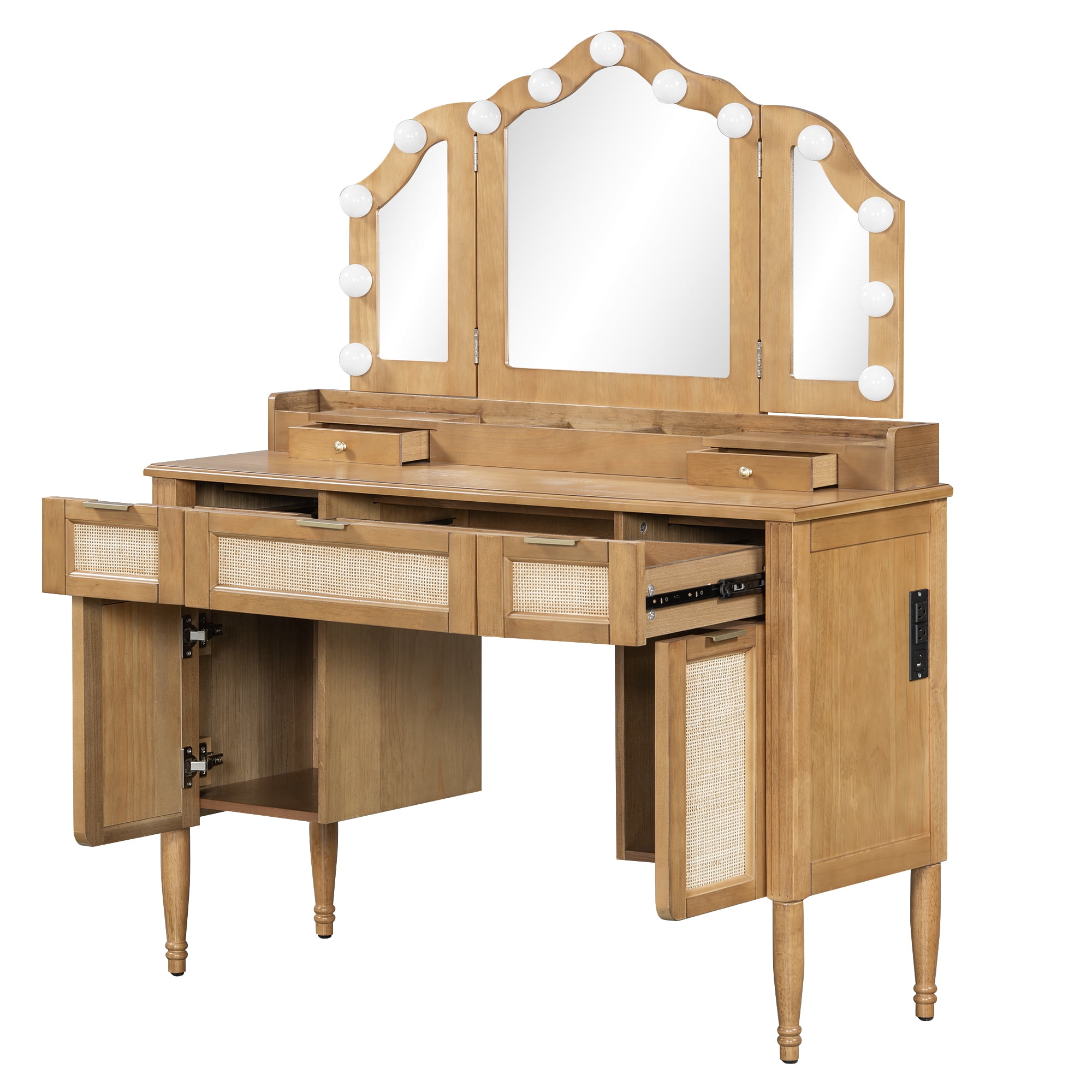 Euroco Makeup Vanity Table with Mirror and Lights, Vanity Desk with A Stool,3 Drawers,Charging Station & 3 Lighting Modes,Large Dressing Table Set for Bedroom,Natural