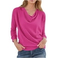 thumbnail image 2 of Tops for Women Plus Size Pleated Collar V-Neck Solid Color Casual Loose Long-sleeved Top Hot Pink XL, 2 of 5
