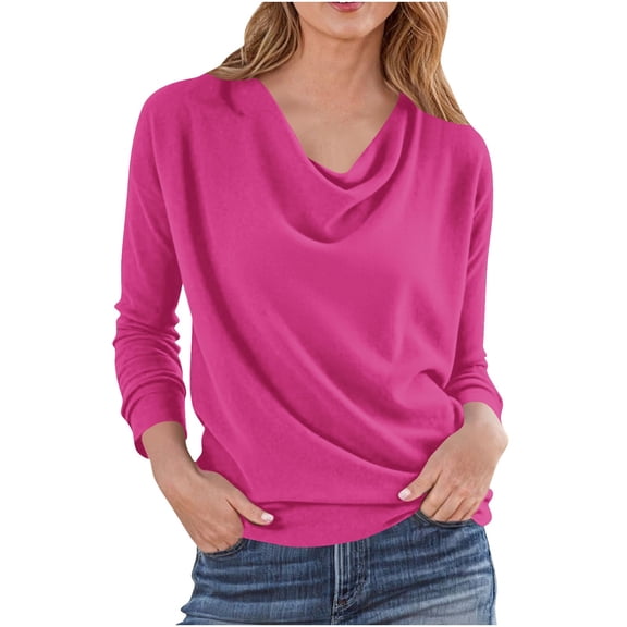 Yuanlook Women's Cowl Neck Long Sleeve T Shirts, Solid Draped Front Loose Casual Basic Pullover Tops S-XXL