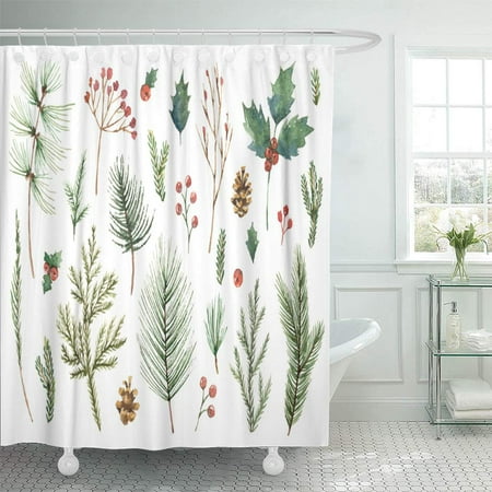PKNMT Watercolor Christmas with Evergreen Coniferous Tree Branches Berries and Leaves Bathroom Shower Curtains 60x72