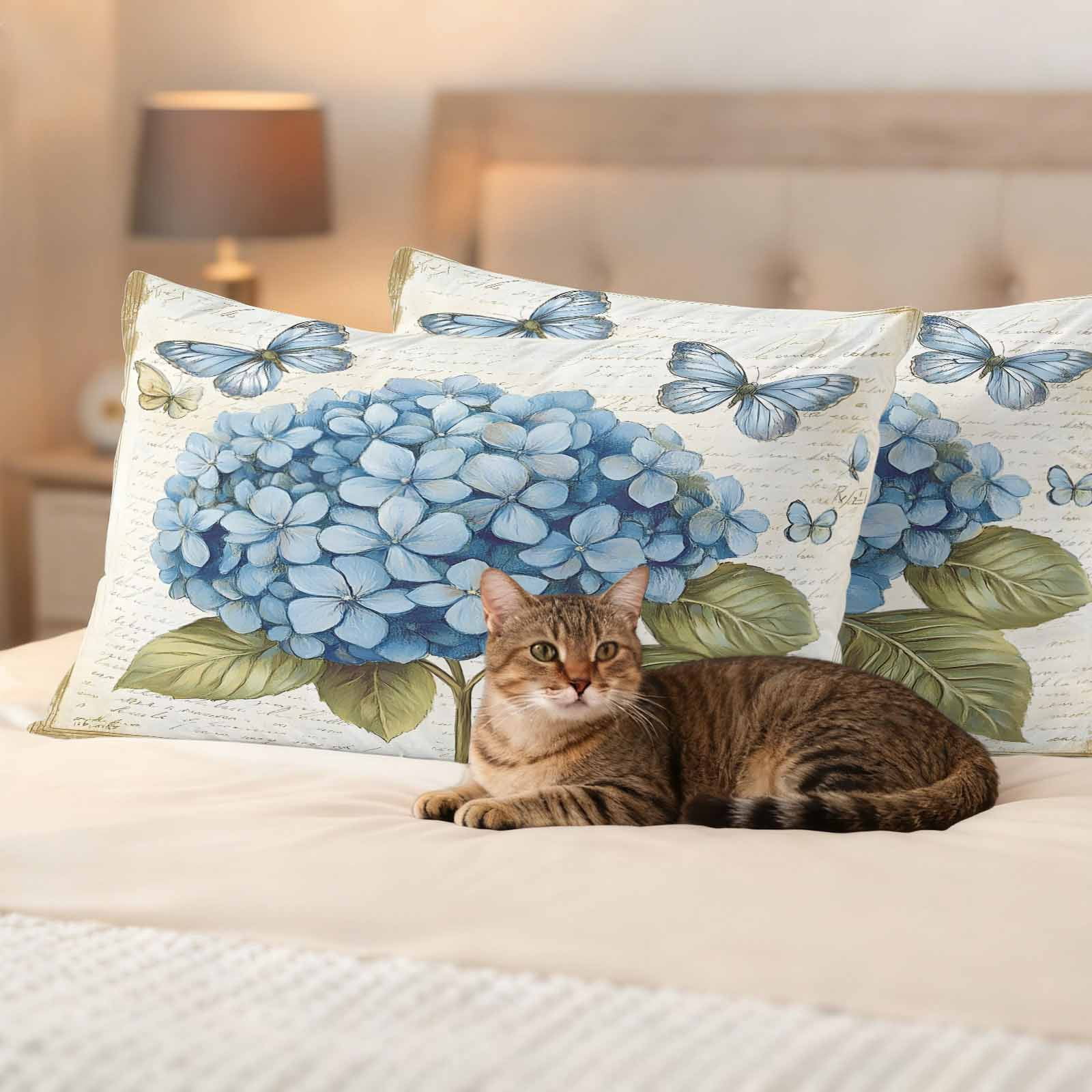 Blue Hydrangea Outdoor Waterproof Pillow Covers, Spring Vintage Botanical Butterfly Decorative Rectangle Throw Pillowcase Sofa Cushion Sham for Patio/Couch/Chair, 20"x12" 2 Pack