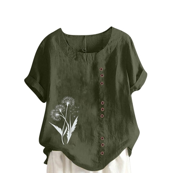 LMKIHUSA Cotton Linen Tops for Women Crew Neck Floral Print Blouses Bohemian Basic Summer 2025 Tees Button Up Short Sleeve Tops Army Green,L