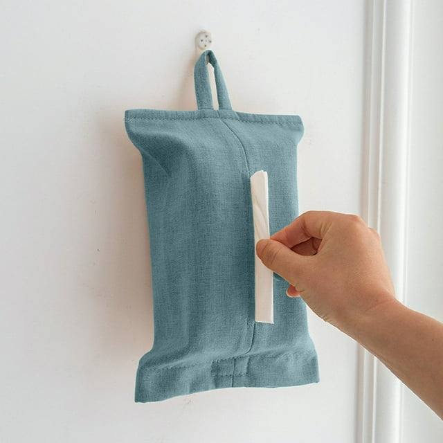 Meitianfacai Solid Color With Hanging Rope Fabric Tissue Box Wholesale Concise Style Living Room Home Desktop Car Drawer Paper Bag For Household Or Car Use, Blue