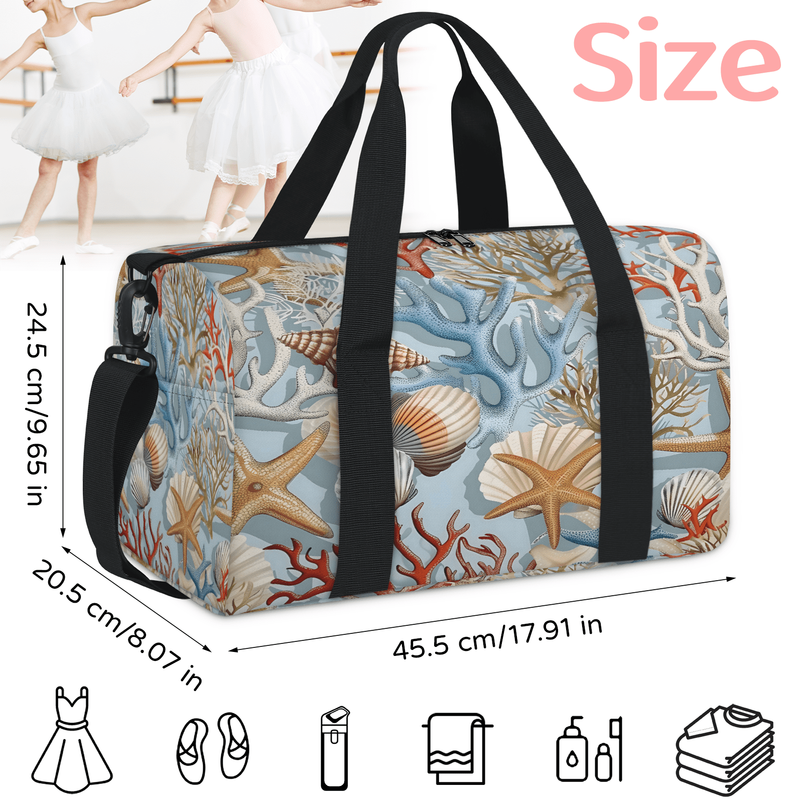 Herdesigns Nautical Coastal Gym Bag for Women, Duffle Bag for Travel Sport, Lightweight Waterproof Carry on Weekender Overnight Dance Yoga Workout Bags