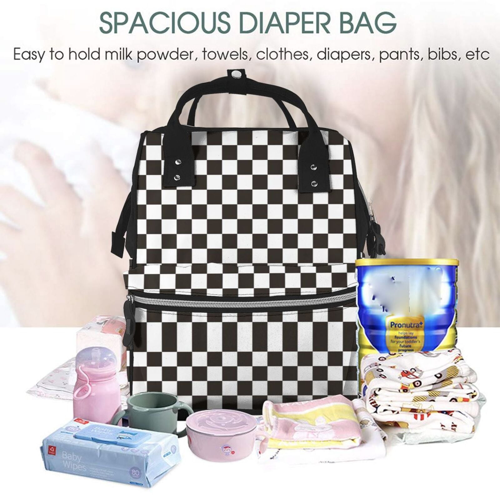 Fuzoiu Black and White Checkerboard Print Diaper Bag Backpack,Baby Essentials Travel Tote,Multi function Waterproof Diaper Bag, Travel Essentials Baby Bag - Unisex