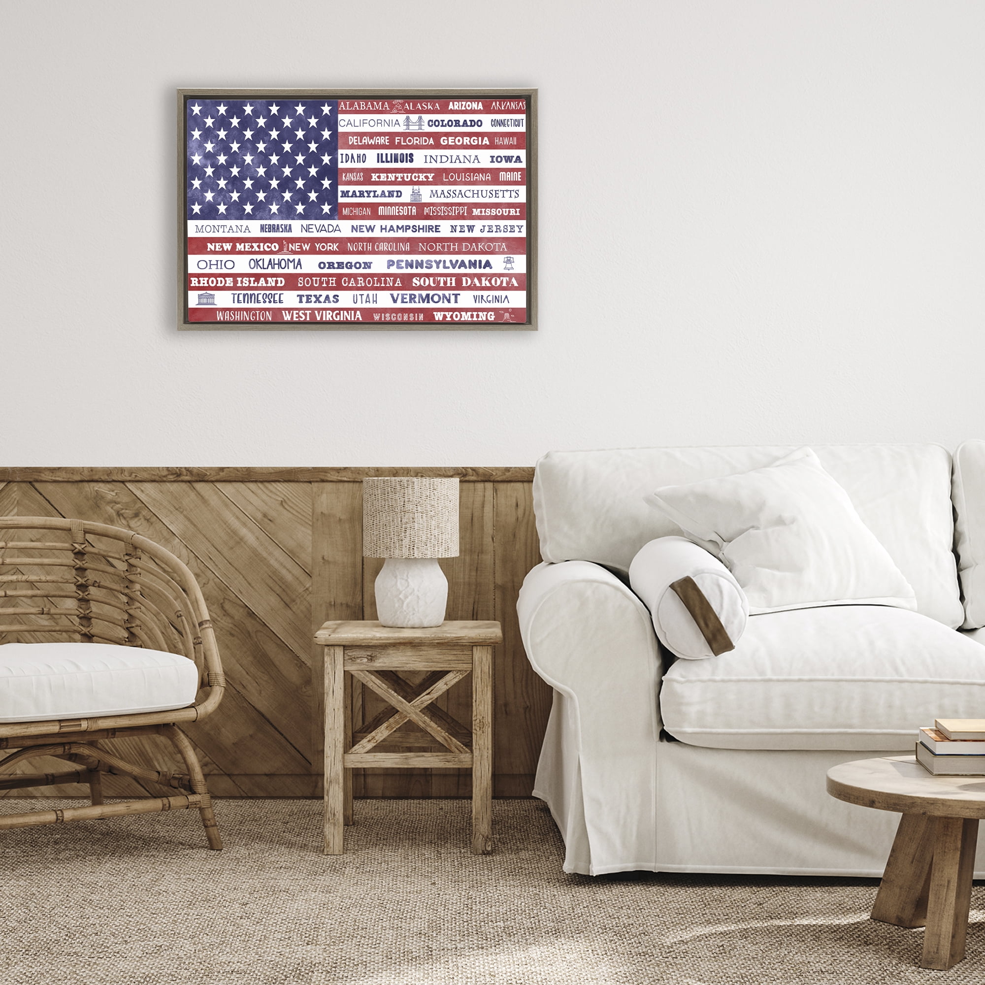 Stupell Industries States Of America Flag Brown Framed Floater Canvas Wall Art, design by Daniela Santiago