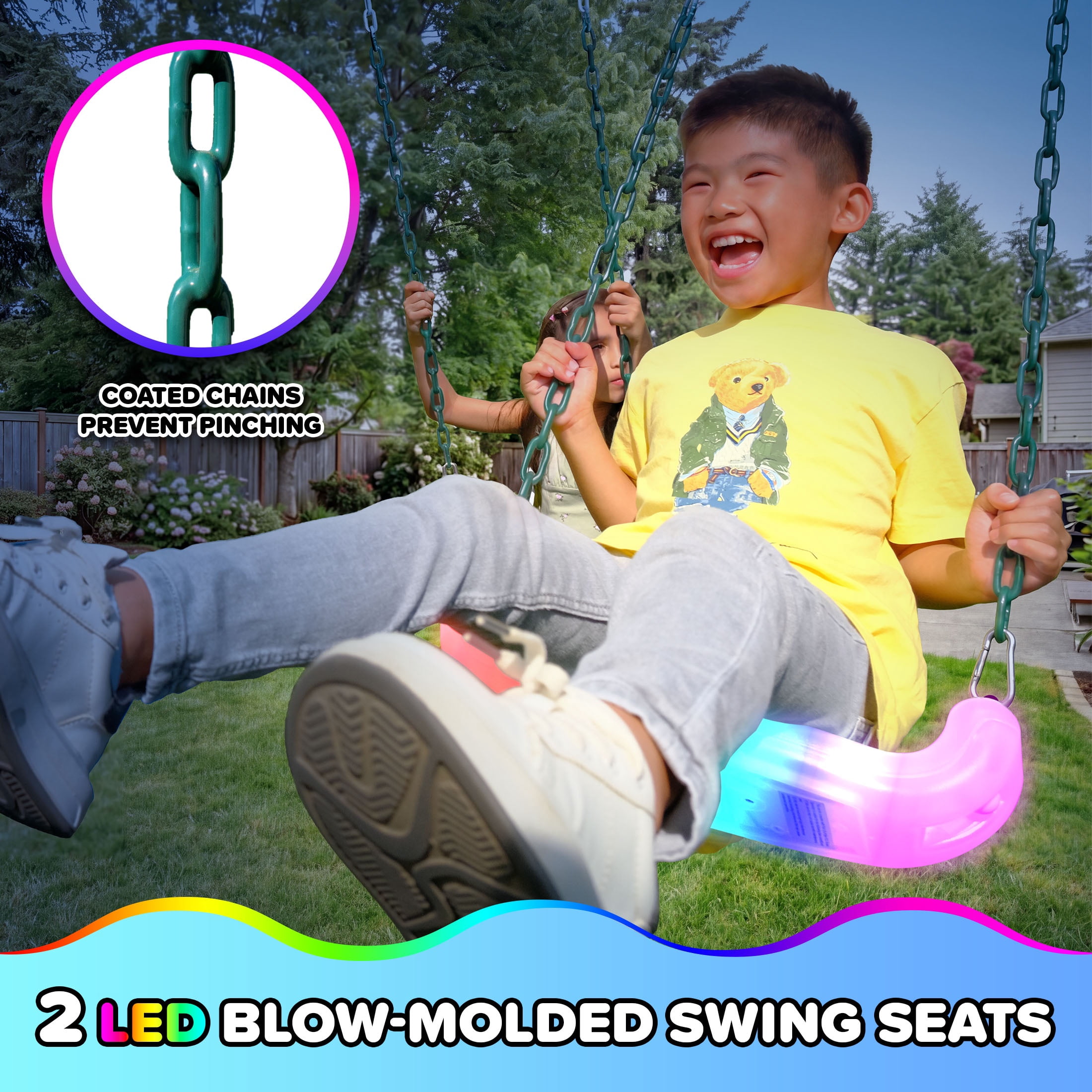 Sportspower Mt. Fuji LED 9.5ft Metal Swing Set for Kids and Adults, Heavy Duty Backyard Playset with Light-Up Swings & 2-Person Skyflyer, Green/White