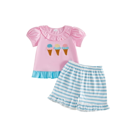 BemeyourBBs Toddler baby Girls Summer Clothes Newborn Baby Girl Summer Beach Holiday Outfits 0 6 12 18 24 Months 2 3 Years Short Sleeve Ice Cream Embroidery TShirt Tops Ruffled Striped Shorts Set