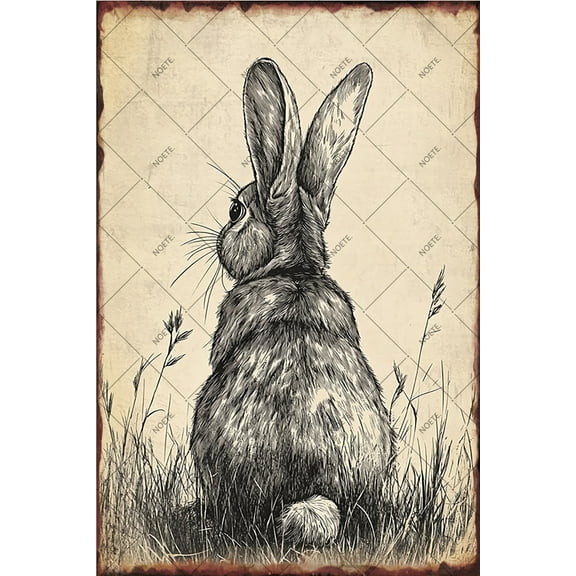 NOETE Vintage Bunny Tin Sign - 8x12 Inch Easter Bunny Decorations for Wall, Nursery, Farmhouse - Primitive Country Bunny Decor for Kids & Family
