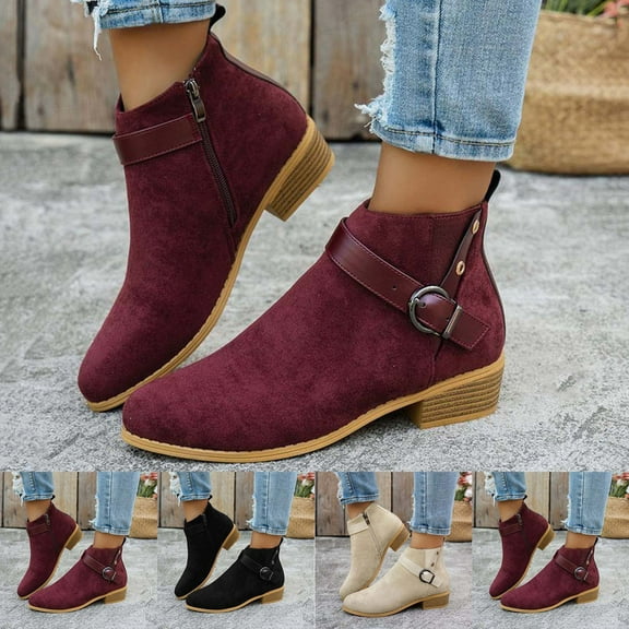 Miluxas Women's Ankle Boots Classic Side Zipper, Buckle Strap, Comfortable Platform, Round Toe, Low Chunky Heel Comfort Slip On Fashion Boots Wine 9.5(43)