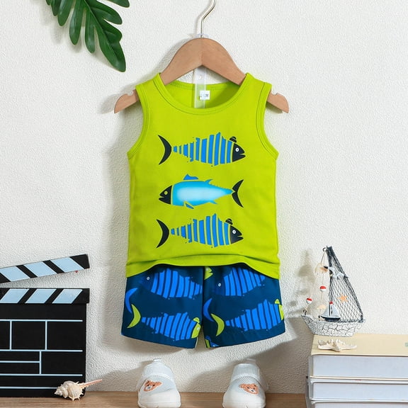 VOUZZA Baby Boy Summer Outfits Fish Print Sleeveless Tank Top and Shorts 2-Piece Set Breathable Hawaiian Style Tropical Beach Wear Suit for Toddlers