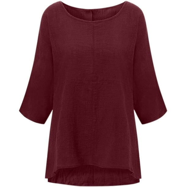 Blusa FITOOM de algodón con mangas 3/4 y remangadas, talla grande, para mujer, color vino XXXL