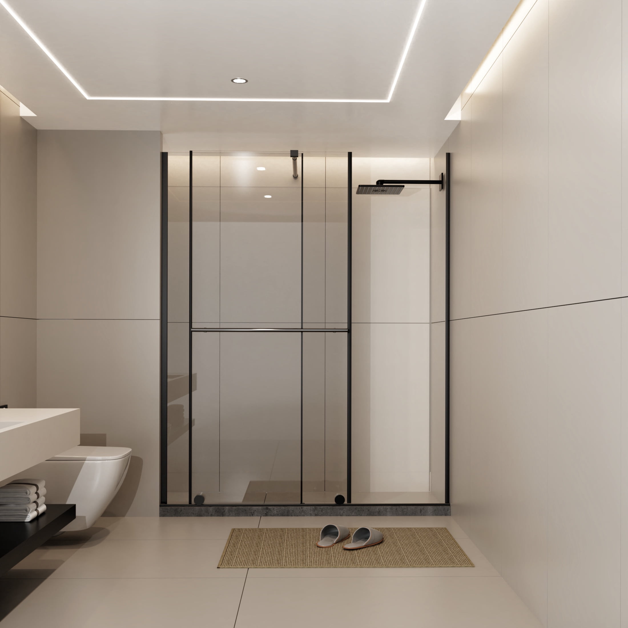 Noble House 60" x 72" Sliding Shower Door, Clear Tempered Glass with Adjustable Support Bar and Steel Handle, Black