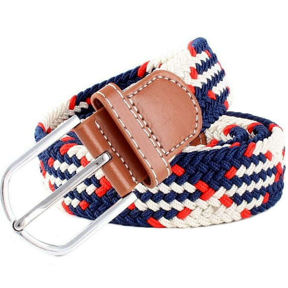 41 * 1.3 Inch Unisex Elastic Fabric Braided Stretch Belt Casual Men Women Waist Belt with PU Leather Buckle,blue white red
