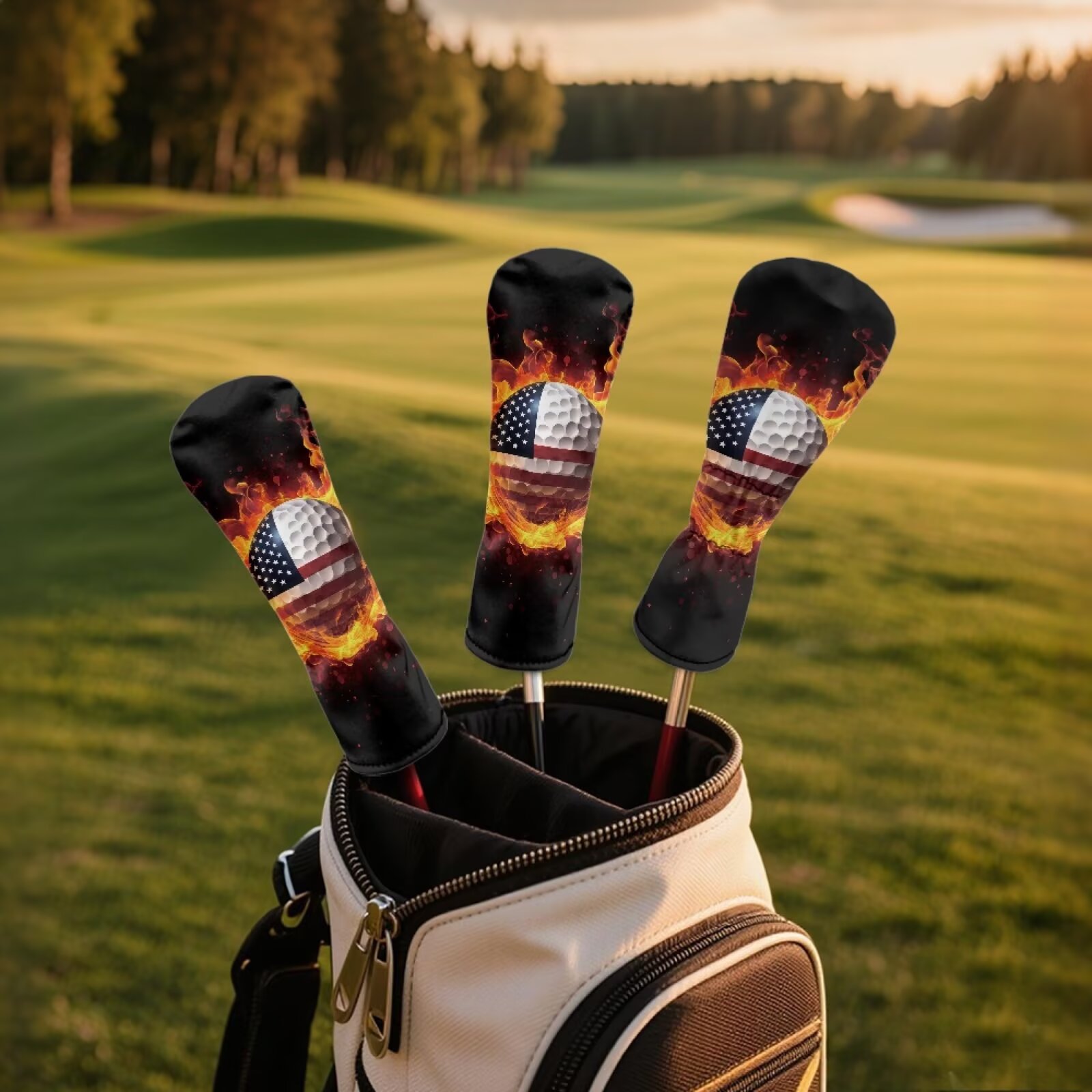 Uorisanigo Golf Club Head Covers 3-Pack for Men & Women - American Flag Golf Ball Print Driver Head Covers - Premium PU Leather Driver, Fairway #3#5, Hybrid Headgear, Waterproof & Durable