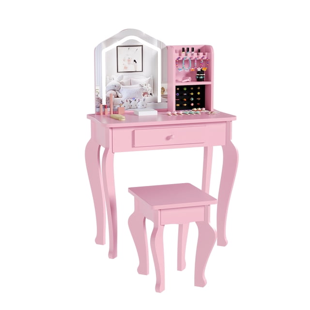 Juego de Tocador de Maquillaje para Niñas con Espejo y Taburete - Juguete de Madera con Cajón y Organizador, para Niñas de 3 a 9 Años, Incluye Accesorios de Maquillaje de Juguete, rosa