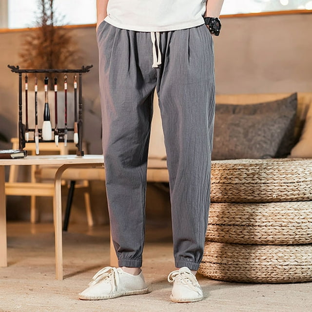 AherBiu Plus Size Linen Joggers Pants for Men Drawstring Elastic Waisted Trousers with Pockets Casual Beach Summer Pants