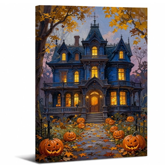 Framed Haunted House Canvas Wall Art,Halloween Gothic Mansion with Autumn Maple Leaves abstract canvas print for bedroom living room decor,8x12in