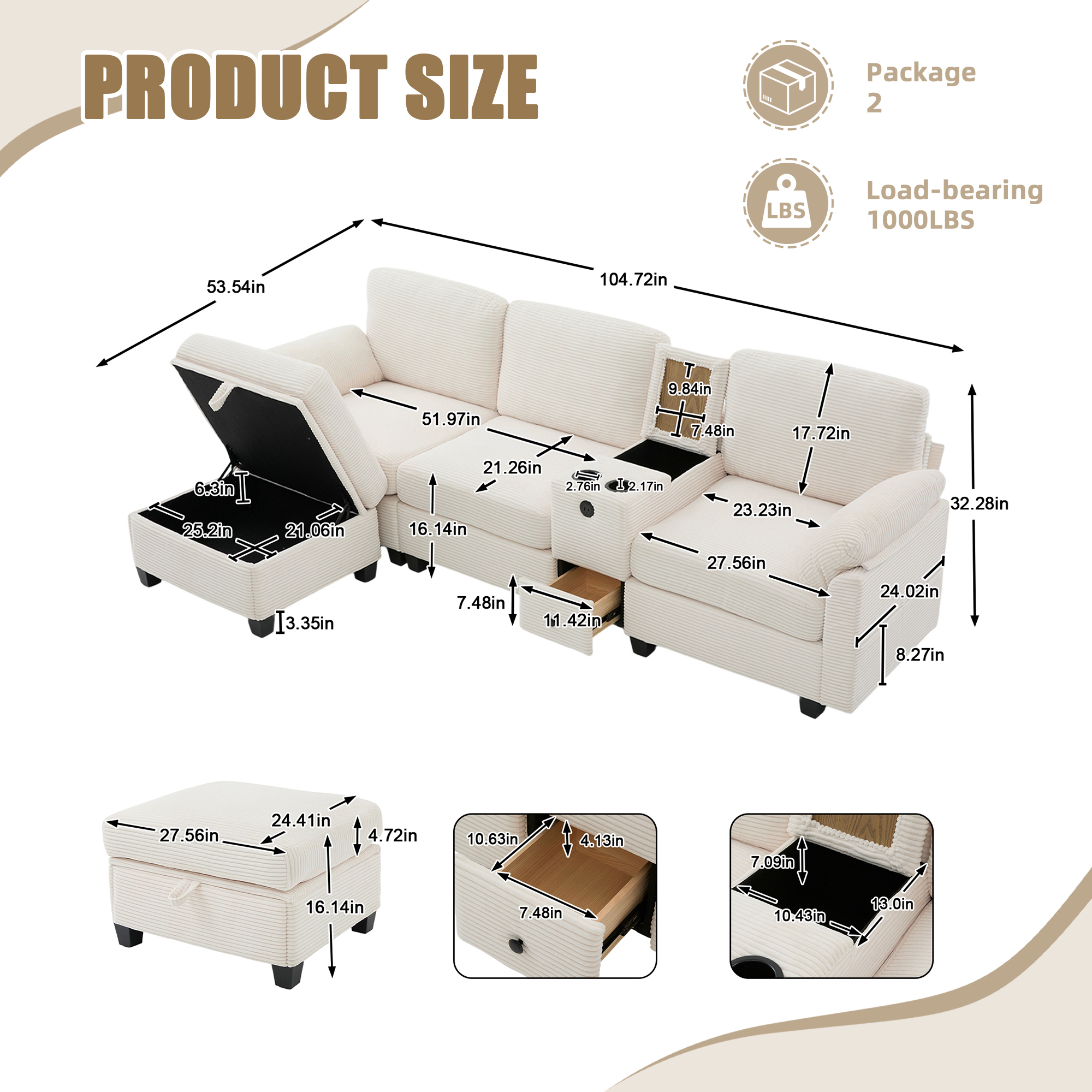 MOONMISS Corduroy Upholstered L-Shaped 4-seater Storage Multifunctional Sectional Sofa with Storage Ottoman-Beige