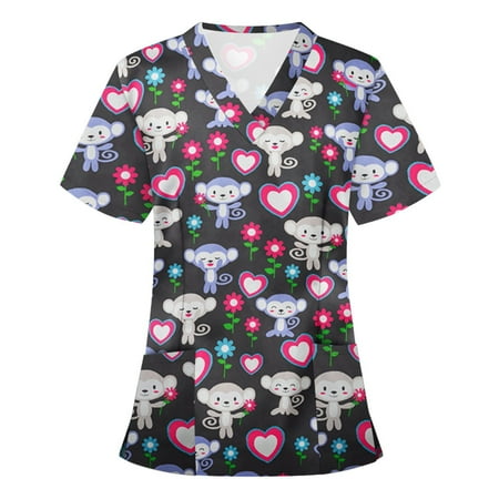 

yoeyez Women Scrub Tops Printed Women Fashion Short Sleeve Neck Tops Working Uniform Blouse Shirt Uniformes De Enfermeras De Mujer