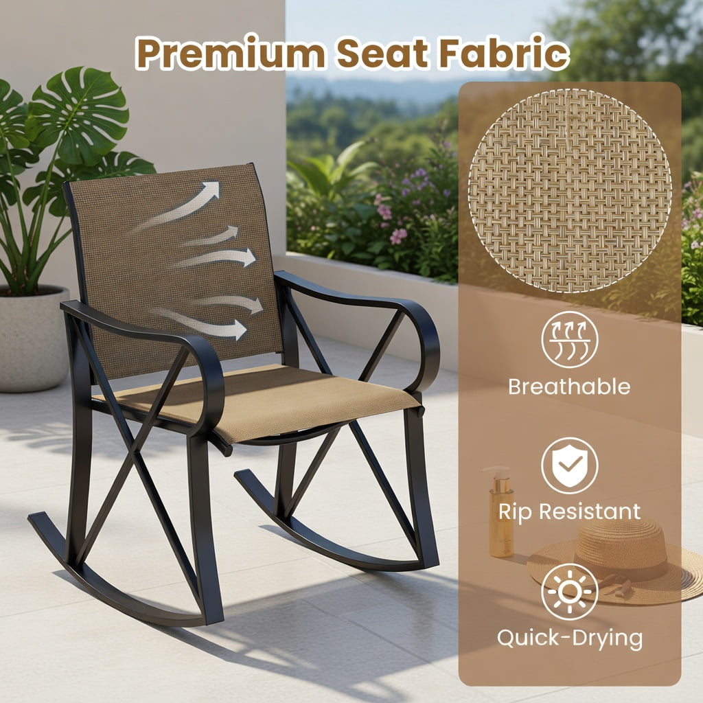 Hommoo 3-Piece Outdoor Rocking Patio Set, Metal Rocker Chairs with Tempered Glass Side Table, Ideal for Backyard, Porch & Balcony, Brown