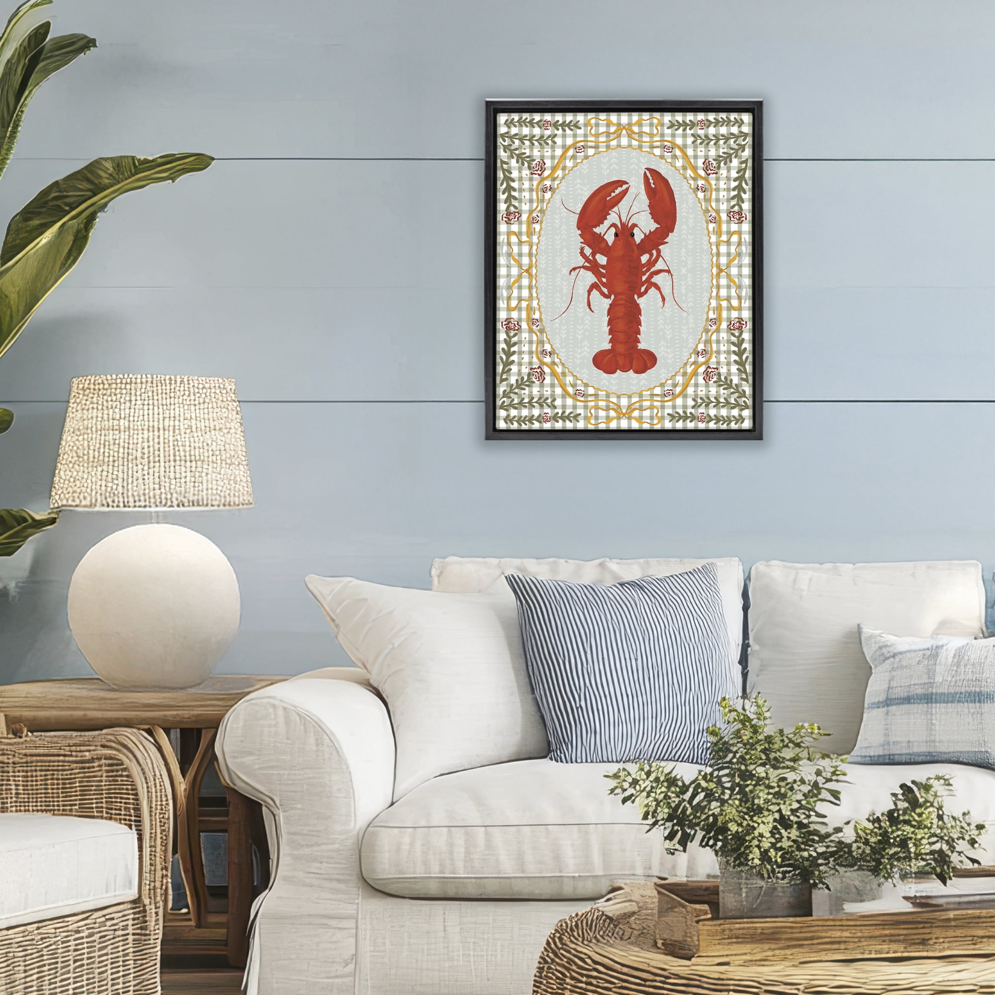 Stupell Industries Lobster with Gingham Kitchen Charm Black Framed Floater Canvas Wall Art, design by Vero Illustrates
