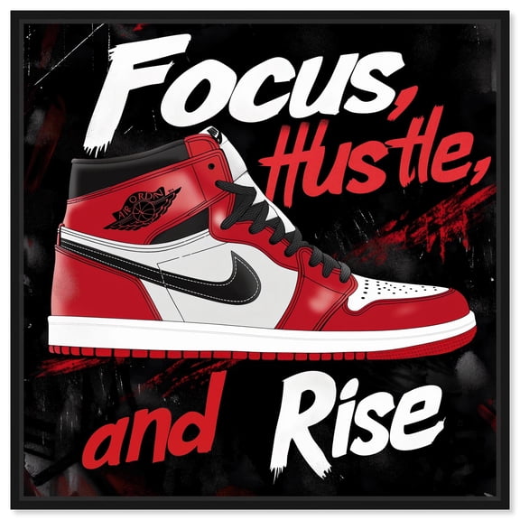 Hustle and Rise Sneaker Red Canvas Sneaker Wall Art by Art Remedy, Black Frame, 12 x 12