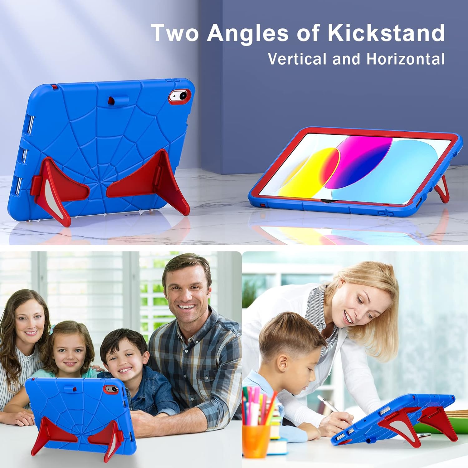 Dteck iPad 10th Generation Case iPad 10.9 Case 2022 New iPad 10th Gen Case for Kids 10.9 Inch Shockproof Protective Cover with Pencil Holder & Shoulder Strap & Kickstand for Kids Children,Blue + Red