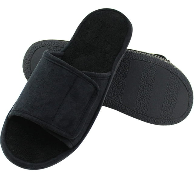 Magtoe House Slippers for Men Open Toe Slippers - Mens Adjustable Closure Strap Slippers Home Indoor Slides Slippers Shoes Memory Foam Summer Micro Suede Slippers, Black, Small(7-8)