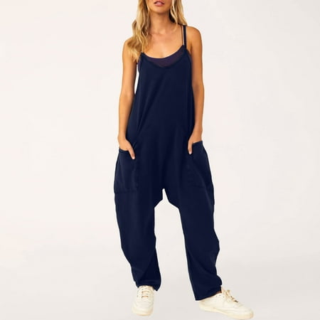 MITCOWBOY Body Suit  Women s Casual Jumpsuit Spaghetti Straps Wide Leg Romper V Neck Spaghetti Straps Romper Sleeveless Long Jumpsuit  Long Sleeve Bodysuit  Overalls Women  Dark Blue 2Xl