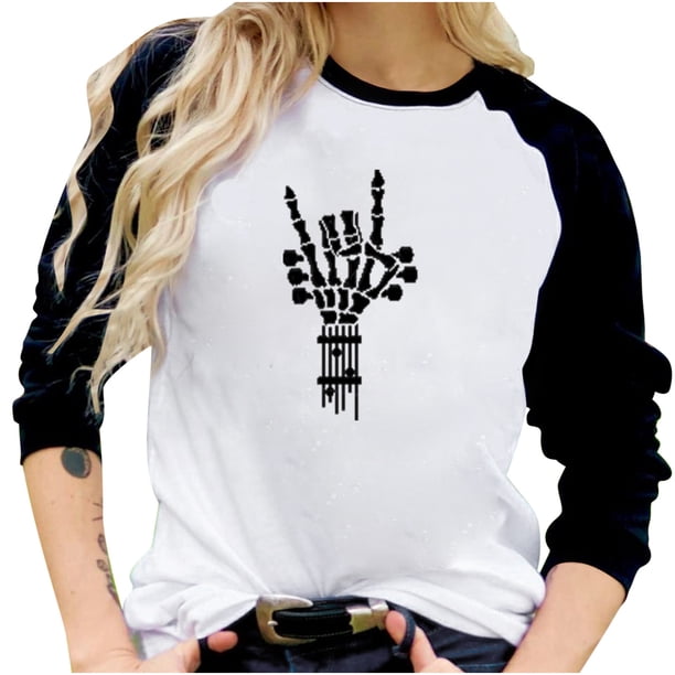 Camiseta suelta estampada a la moda para mujer, blusa de manga larga, cuello redondo, camisetas informales Pompotops FGAJ8269