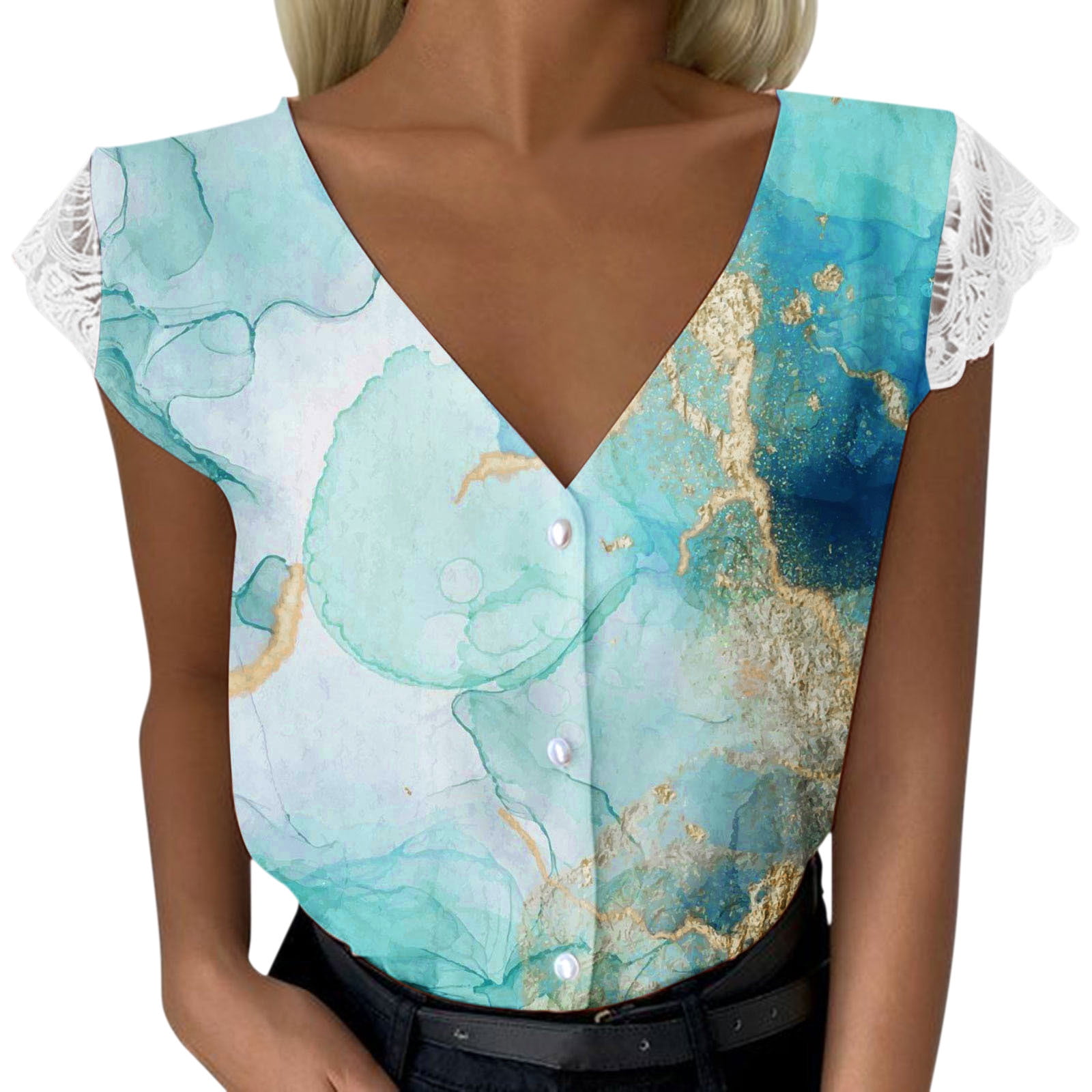 Dtydtpe Womens Casual Printing Blouse V Neck Button Lace Panel Open Back Top Stretch Tee Womens