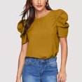 thumbnail image 1 of WAIIMAK Summer Womens Tops Solid Color Round Neck Blouse Pleated Puff Short Sleeve Tops, 1 of 6