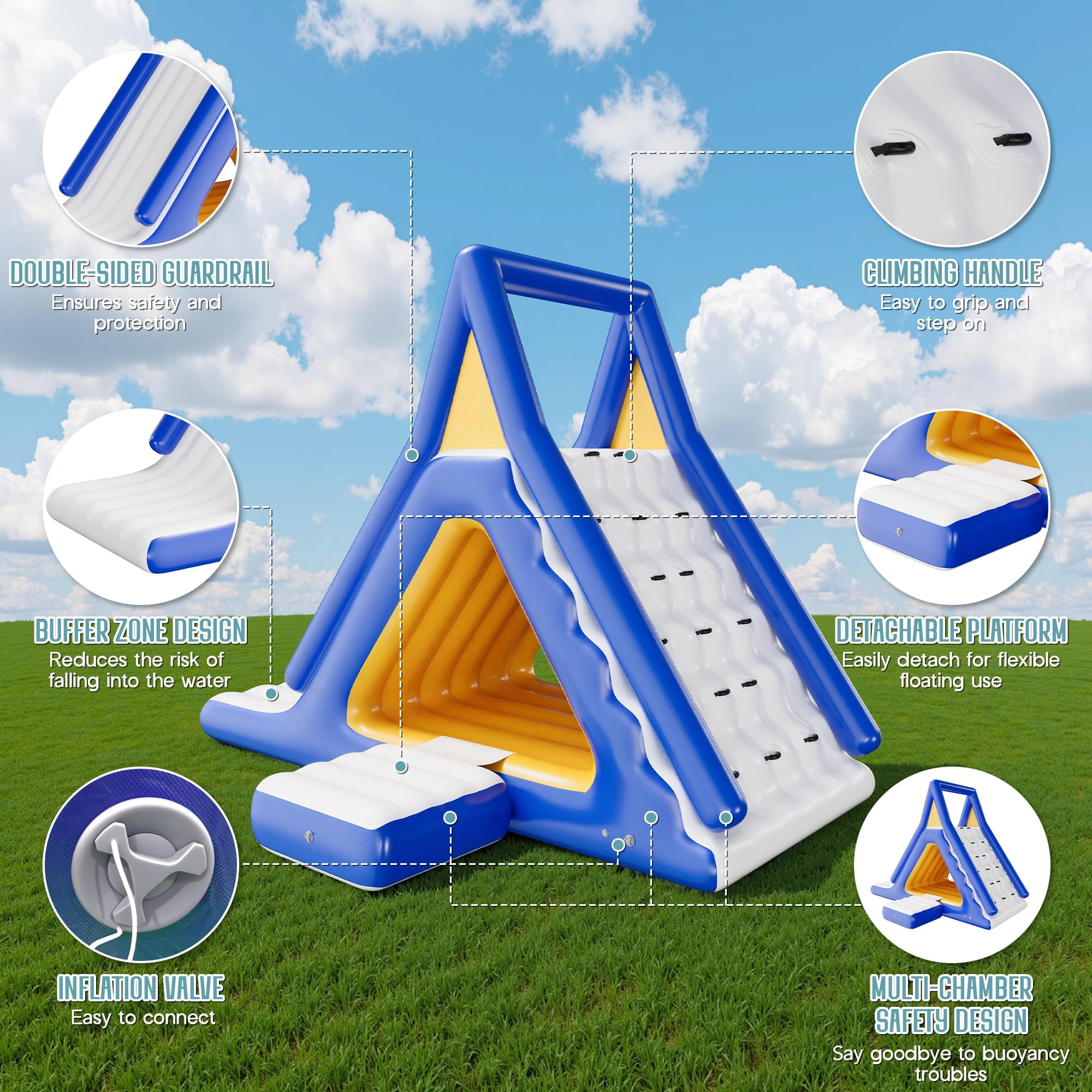 Jocisland 15L×10W×11H ft Commercial Inflatable Water Slide with Climbing Handle, White & Blue & Yellow, Outdoor Waterfall Slide for Adults & Kids