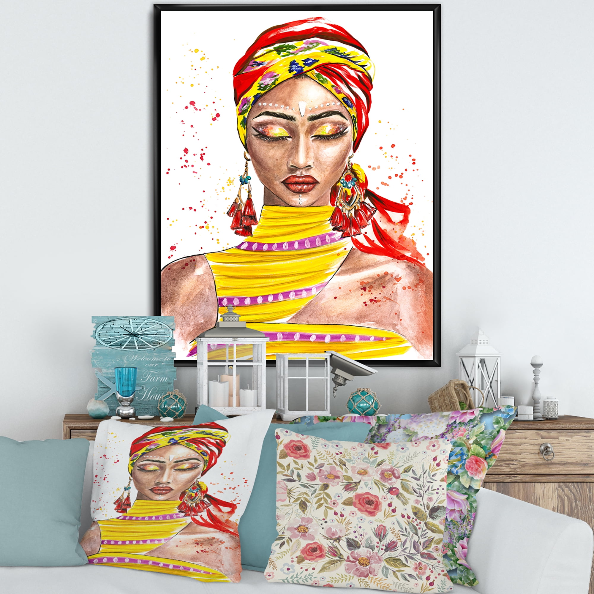 Designart 'Exotic Colorful Portrait of Afro American Woman' Traditional Framed Canvas Wall Art Print