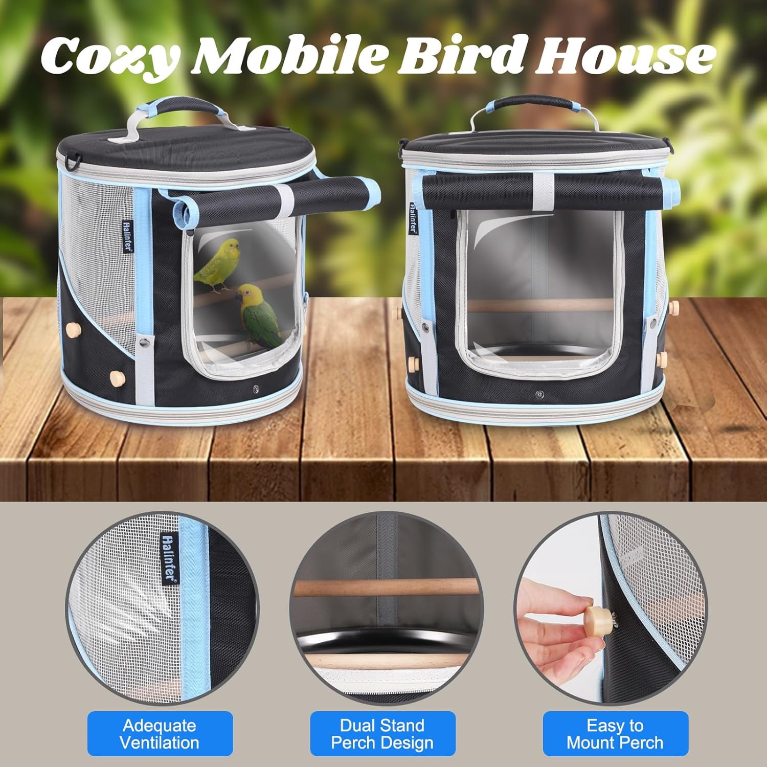 Small to Medium Birds Carrier Cage, Portable Handle Carrying Cylindrical Bird House with Metal Tray and Two (2) Wooden Stand Perch, Front Shade with Clear View