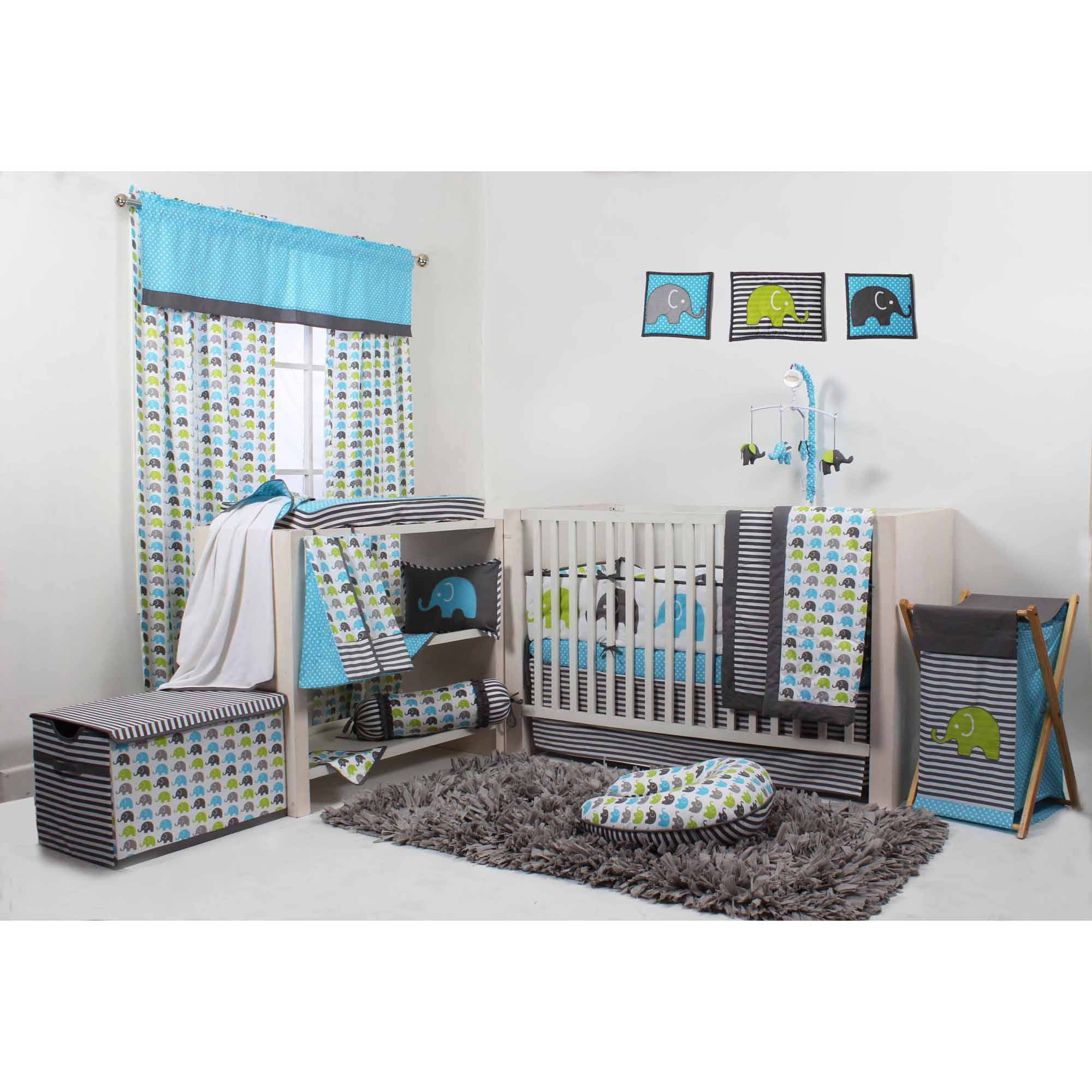 Elephants Aqua/Lime/Grey Crib Bedding Collection