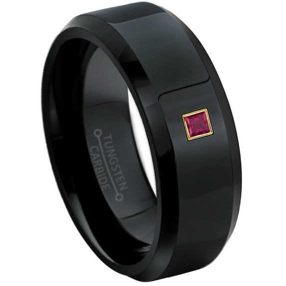 0.05ctw Princess Cut Ruby Tungsten Ring - 8MM Polished Black IP Beveled Edge Tungsten Carbide Wedding Band - July Birthstone Ring - 14kt Yellow Gold Bezel - TN084PSG-1RBs7