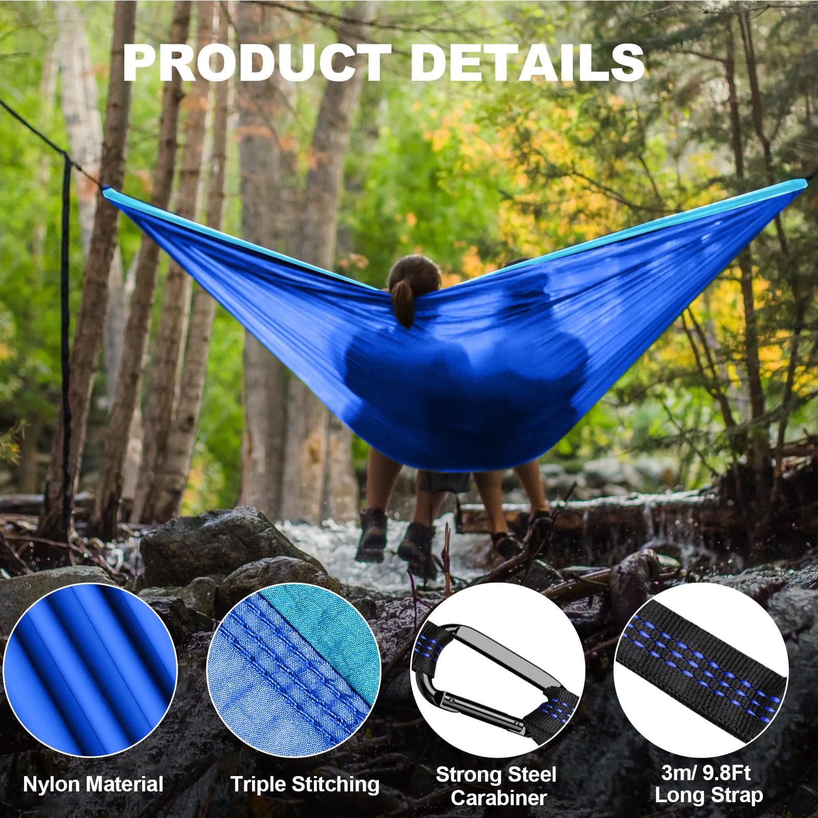 Double Camping Hammock - Outdoor Portable Nylon Hammock with 500lbs Capacity, Perfect for Camping, Hiking, and Travel,Blue