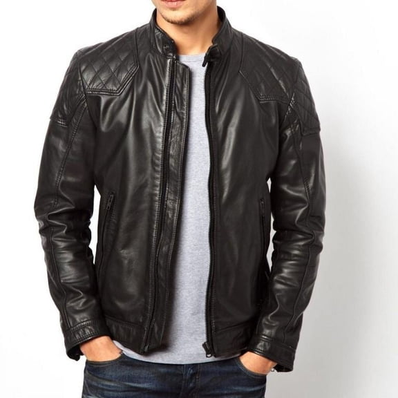 Men’s black leather jacket with quilted design