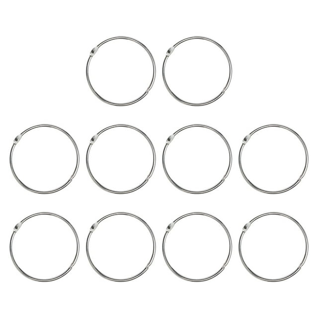 Unique Bargains 3' Curtain Rings, set of 10 decorative metal circular rings in silver tone, ideal for shower curtains. Made of rust-proof chrome-plated metal with a smooth finish for easy gliding over rods. Suitable for bathrooms, bedrooms, living rooms, and offices.