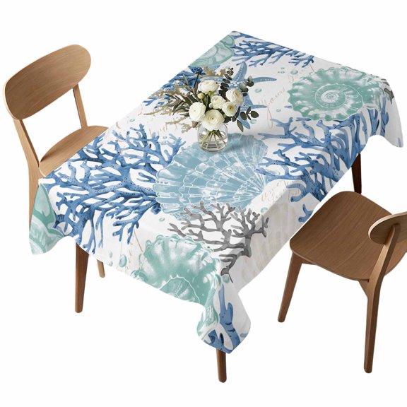 Rectangle Tablecloth, Summer Ocean Shell Blue Coral Waterproof Table Cloth 52x70 in Starfish Conch Washable Spillproof Table Cover for Kitchen Dining Party Decor Outdoor Camping