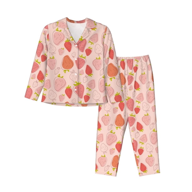 Balery Strawberry Conjunto de Pijama con Estampado para Mujer, Conjunto de Dos Piezas con Manga Larga, Ropa de Dormir Suave con Bolsillos, Pijamas Cómodos-Large