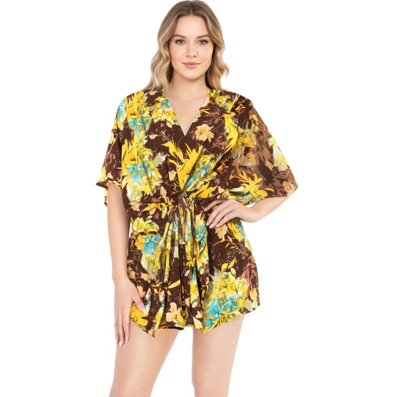 HAPPY BAY Women's Plus Size Casual Swimsuit Swimwear Cover Ups 3X-4X Brown, Flower