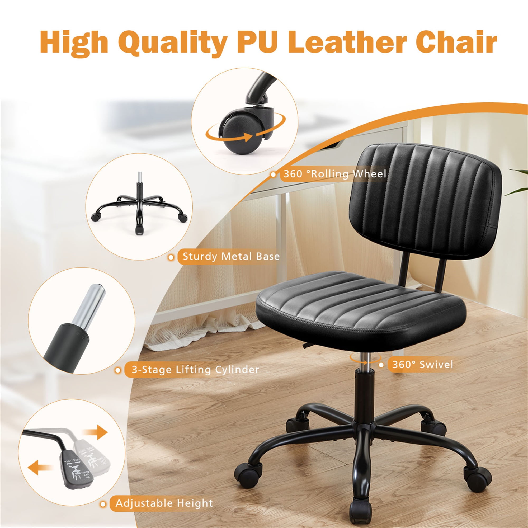 Topcobe Armless Home Office Chair Ergonomic Desk with Comfy Low Back Lumbar Support, Height Adjustable PU Leather Computer Task Chair with 360° Swivel Wheels, for Small Space, Kids and Adults, Black
