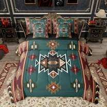 Homewish Hippie Aztec Female Bedding Comforter Set 7pcs, Vintage Western Green Triangle King Bedding Sets, Bohemian Mandala Theme Reversible Bed Sheets, Ultra Soft Bedroom Decor