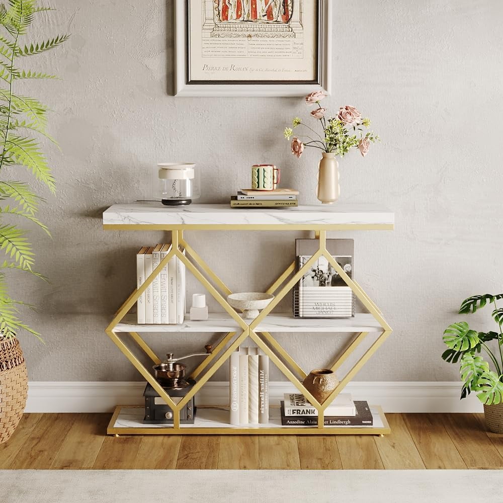 40in Entryway Console Table，3-Tier Industrial Console Table with Open Shelves，Sofa Table Behind The Couch for Hallway, Living Room, Foyer,Gold
