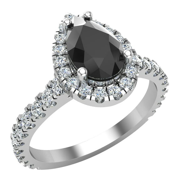 Pear Cut Black Diamond Halo Engagement Ring 18K White Gold 1.60 Carat (G,VS1)